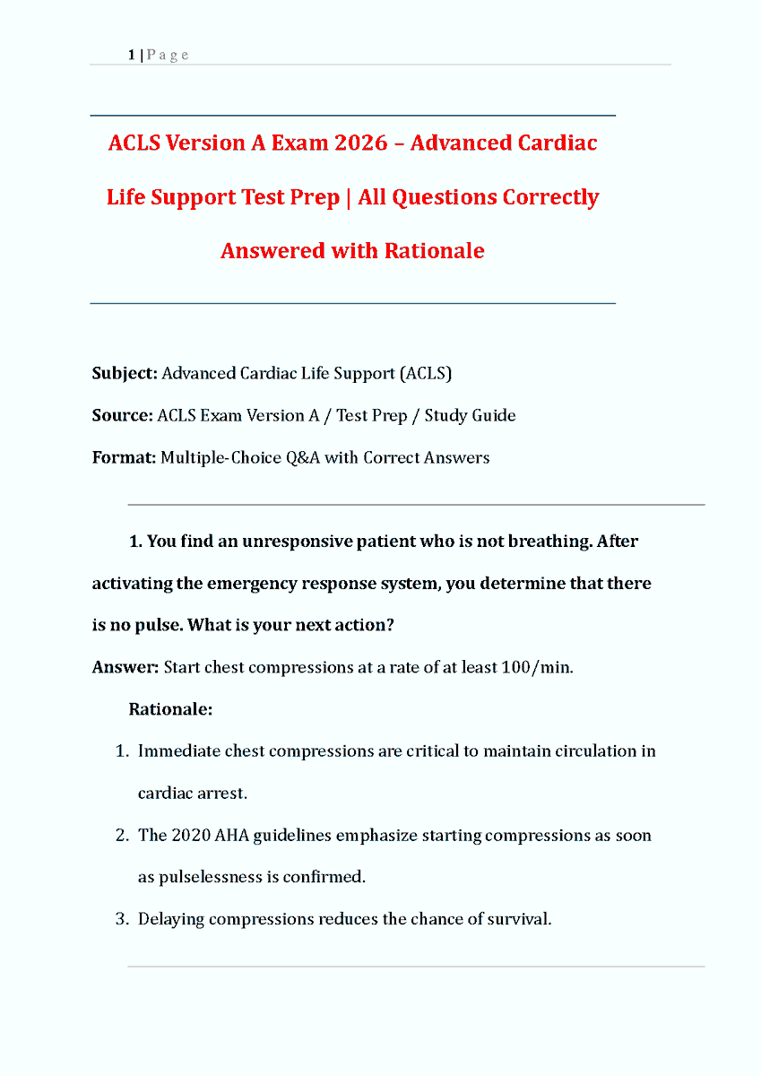 learnlounge01's tweet photo. Acls Advanced Cardiac Life Support Aha TEST BANK 2026 Version A All Questions Answers With Detailed RATIonales
#ACLS #AdvancedCardiacLifeSupport #CardiacLifeSupport #Nursing #testbankforacls #AClS2026 #hackedexams 

https://t.co/jemeAK662h https://t.co/c0oPRcuWgt
