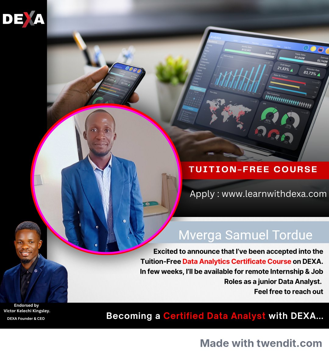 torgaz1999's tweet photo. I'm thrilled to announce my acceptance into the Data Analytics course on Dexa and would be certified as Junior Data Analyst with foundational skills in a few weeks so feel free to reach out. 
@learnwithDEXA #learnwithDEXA https://t.co/79V78MwwD8