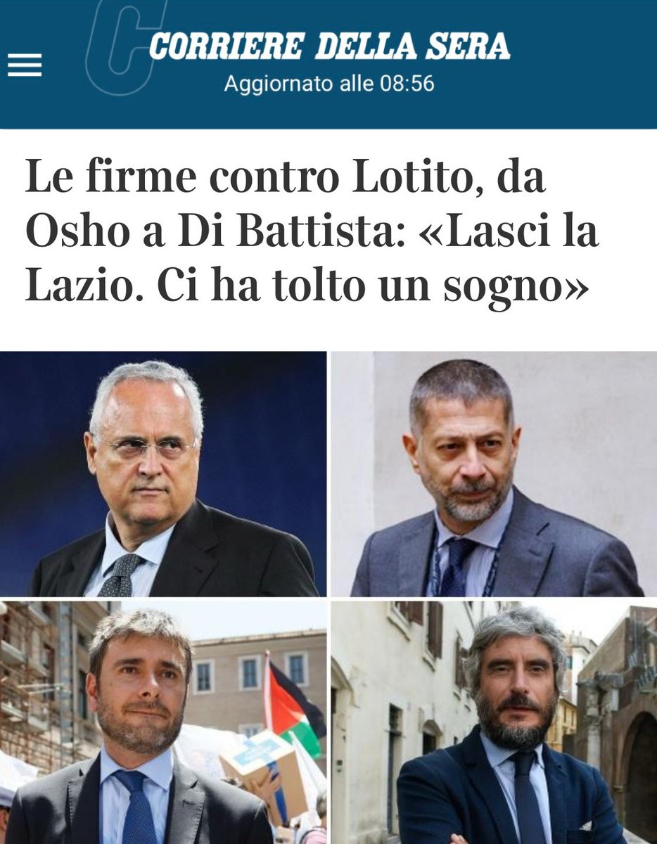 Questa mattina anche il <a href="/Corriere/">Corriere della Sera</a> parla della Lettera al presidente Lotito, delle sue 41mila firme e delle tante persone pubbliche di fede laziale che hanno firmato per tornare a sognare con la nostra Lazio: <a href="/AngeloMellone/">Angelo Mellone</a>, <a href="/ale_dibattista/">Alessandro Di Battista</a>, Fabrizio Alfano. <a href="/MauroMazzaRai/">Mauro Mazza</a>,