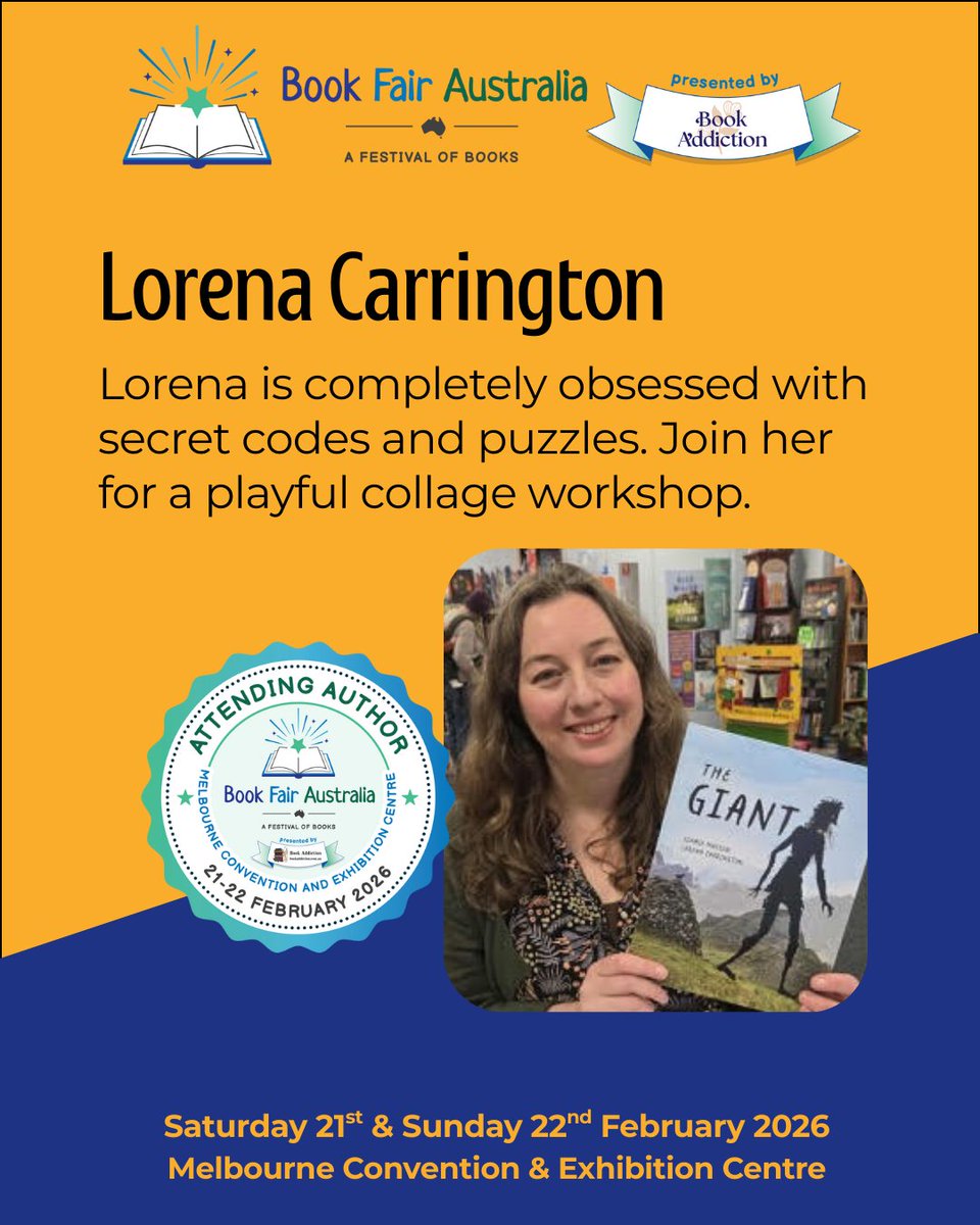 📢 Meet Lorena Carrington at Book Fair Australia Melbourne 2026, presented by Book Addiction.

Join her in the children’s area for a playful collage workshop and learn about secret ciphers, try a cryptic crossword, anagram your name, and more! 🏘️🧩
