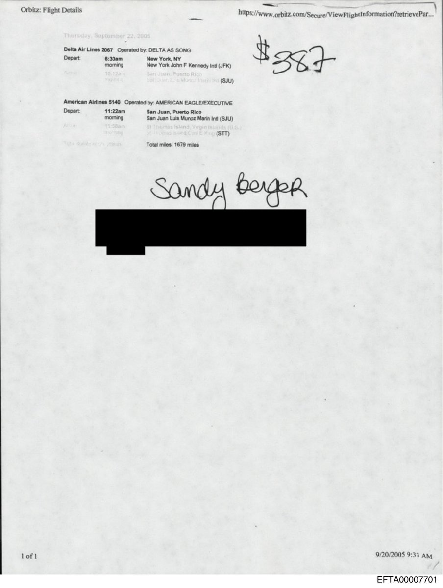 Sandy Berger flew to Epstein Island on a flight purchased by Jeffrey Epstein in 2005, two weeks after being sentenced to 100 hours of community service after illegally removing highly classified documents from the National Archives relating to 9/11 and intentionally destroying