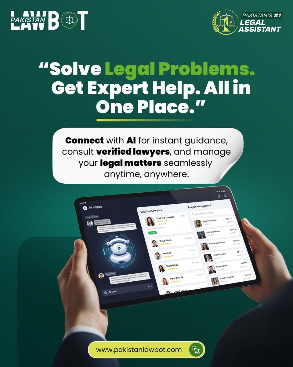 Pakistanlawbot's tweet photo. Legal tension? Not anymore. ⚖️
Get instant AI legal guidance, connect with verified lawyers, and manage your cases, all from one powerful platform.
Your legal help is now just one click away.

#Pakistanlawbot #LegalTech #PakistanStartups #AIforBusiness #DigitalLawyer #FutureOfLaw https://t.co/ZEAAQX7Lhw