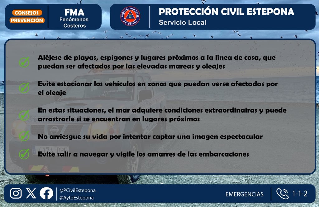 📌 El viento y el estado del mar marcan la jornada de hoy en #Estepona 🌬️🌊

⚠️ EXTREMA LA PRECAUCIÓN

🪴 Retira de balcones y azoteas cualquier objeto que pueda caer a la vía pública (macetas, mobiliario, tendederos, etc.).
🪟 Asegura puertas y ventanas ante rachas de hasta 70