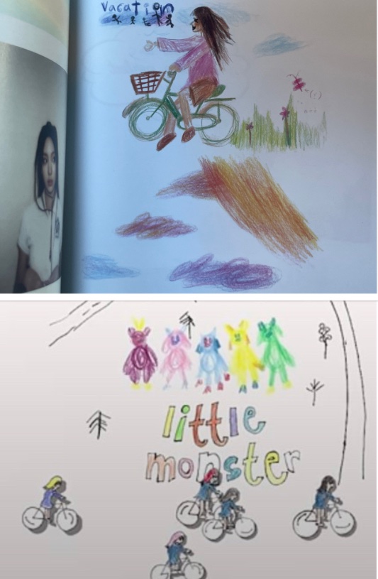 dittosnjz's tweet photo. not only did they copy the girls' drawings from 'get up’ photobook for their comeback teasers, they also made a music video of them eating ‘gummy monsters’ in newjeans signature colors. the green one (so haerin) literally interacts with a cat… they’re nasty and shameless. https://t.co/i2Xjc8JBTn