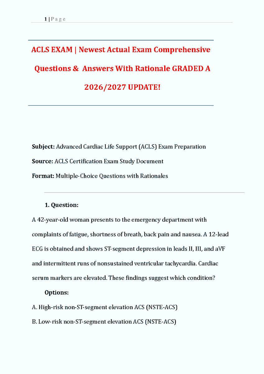 learnlounge01's tweet photo. Acls Advanced Cardiac Life Support Exam TEST BANK 2026 2027 Graded A Questions Answers RATIonales Based On Aha Guidelines
#ACLS #AdvancedCardiacLifeSupport #CardiacLifeSupport #Nursing #testbankforacls #AClS2026 #hackedexams

https://t.co/BjPQlYYnOb https://t.co/eFjVkpXbnn