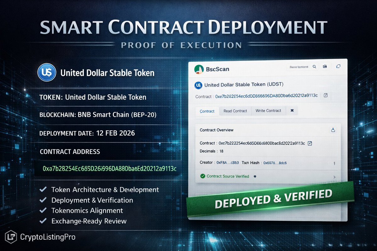 Most token failures start in the contract, not the market. ⚙️

Deployed BEP-20 for United Dollar Stable Token on BSC.

Clean structure.
Launch ready.
No shortcuts.

Execution > assumptions.

🟢 0xe7b2B254Ec6d5D6B269DA80Dba6Ed20212a9113c

#SmartContracts #BSC #Web3