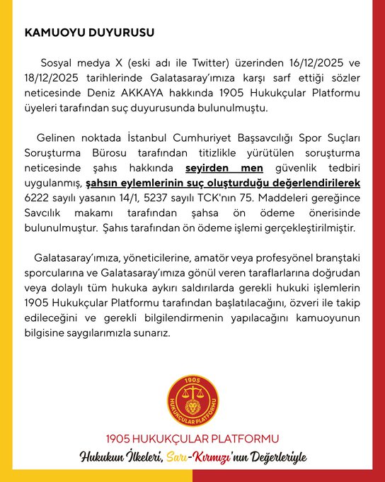 🚨 SON DAKİKA

Galatasaray Hukukçular Derneği, Deniz Akkaya hakkında yaptığı suç duyurusu sonucunda alınan ceza ile ilgili kamuoyu duyurusu yayınladı.

Şarkıcı, manken görünümlü provokatörlere yorum yazmayın, etkileşim vermeyin ve engelleyin lütfen.
Aksi durumda saçmalamanın ve