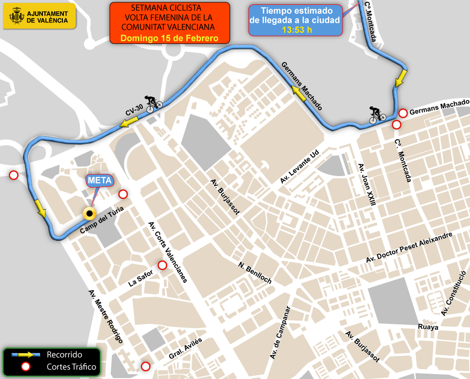 TransitValencia's tweet photo. Este domingo 15 de febrero:
🏃‍♀️'VII Volta a Peu Runners Ciutat de #València' por los 📍barrios de #Mestalla y #GranVia

🚴‍♀️Última etapa de la @SemanaCiclista y llegada al distrito de #Campanar donde se ubica la meta.

Más info 🔗https://t.co/R2kexarPfp

#trànsitVLC #SetmanaCiclista https://t.co/7cyGkaCUOs