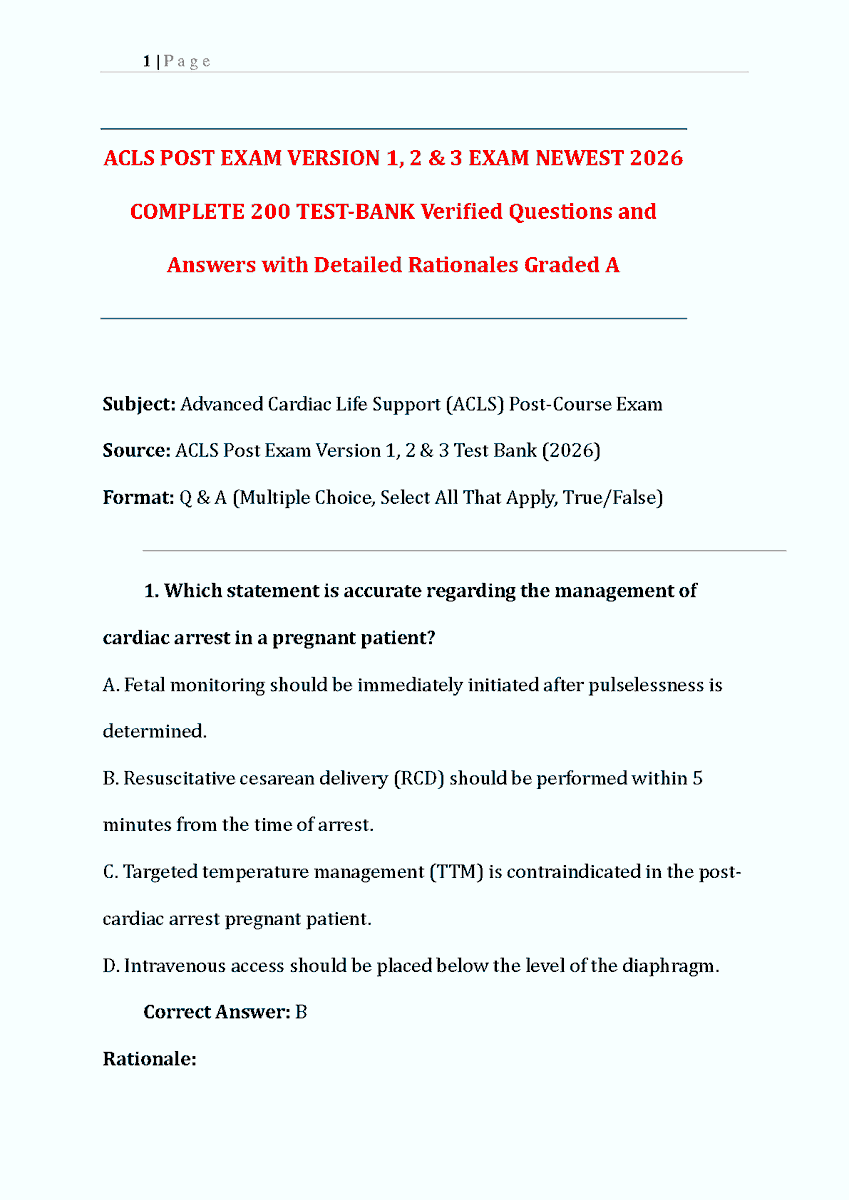 learnlounge01's tweet photo. Acls Post Exam TEST BANK 2026 Versions 1 2 3 American Heart AssociATIon Aha 200 Graded A Questions RATIonales
#ACLS #AdvancedCardiacLifeSupport #CardiacLifeSupport #Nursing #AHA #AmericanHeartAssociation #testbankforacls #AClS2026 #hackedexams

https://t.co/B9QSa8Qy1M https://t.co/sPE2LwiHyi