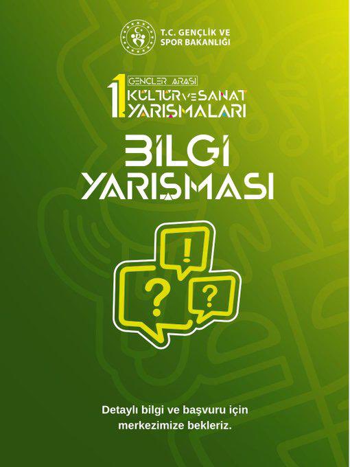 Sahne sırası sende!🫵

2026 Gençler Arası Kültür ve Sanat Yarışmaları için online başvurular açıldı.
🎤 Ses • 📝 Şiir • 🎭 Tiyatro • 📚 Bilgi

Başvurular ve detaylı bilgi: genclikhizmetleri.gov.tr