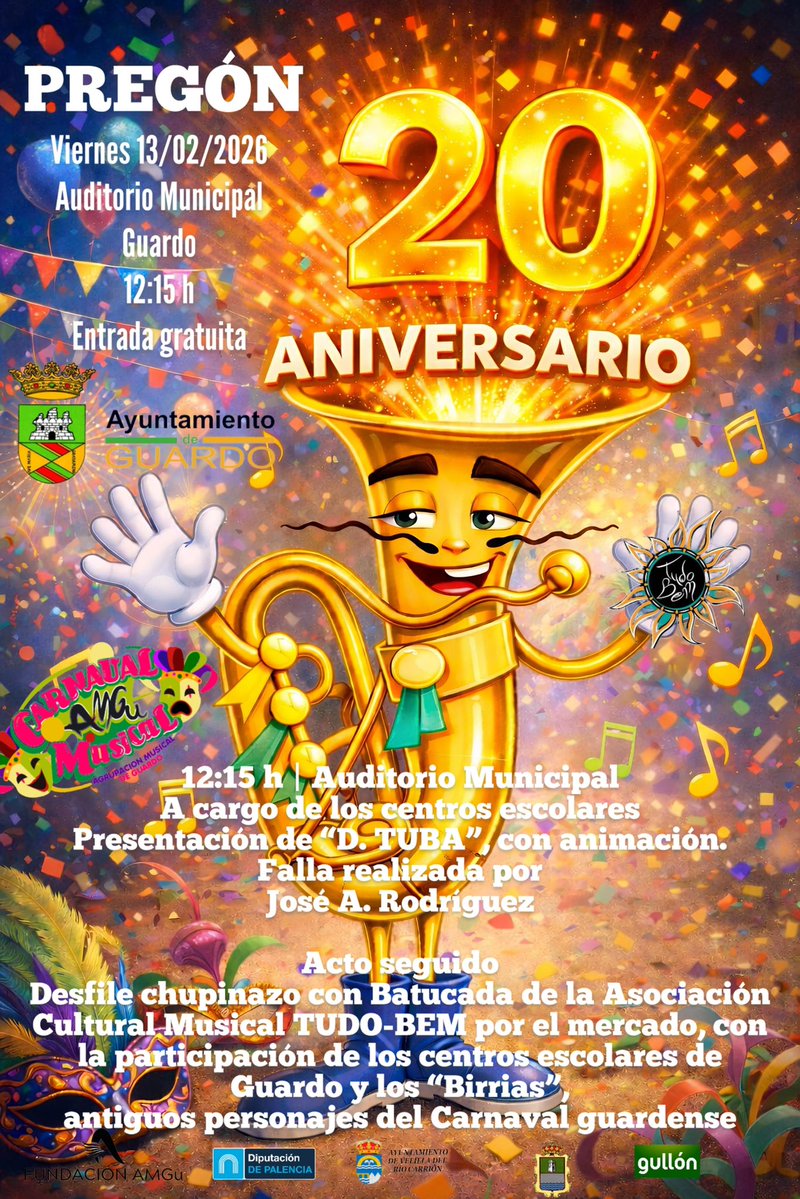 🎭✨ HOY a las 12:15 horas ✨🎭

🎶 PREGÓN CARNAVAL MUSICAL 2026 🎶

🧬 VIERNES 13 DE FEBRERO

🕒 12:15 h | Pregón de Carnaval
📍 Auditorio Municipal
🎫 Entrada gratuita 
👧👦 A cargo de los centros escolares
🎺 Presentación de “D. TUBA”