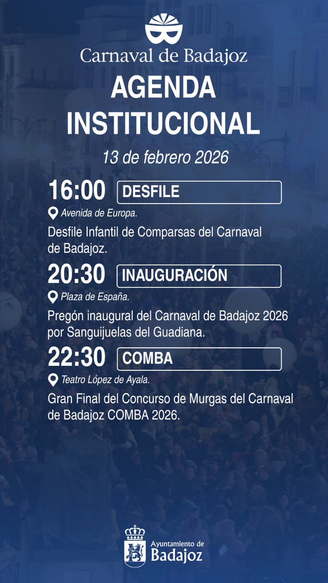 🗓️ Agenda del Ayuntamiento de #Badajoz para este viernes, 13 de febrero de 2026.

🎭 ¡Arranca el #CarnavalDeBadajoz 2026! 

✨ Fiesta de Interés Turístico Internacional. 

Toda la información en <a href="/CarnavalBJZ/">Carnaval de Badajoz</a> y aytobadajoz.es