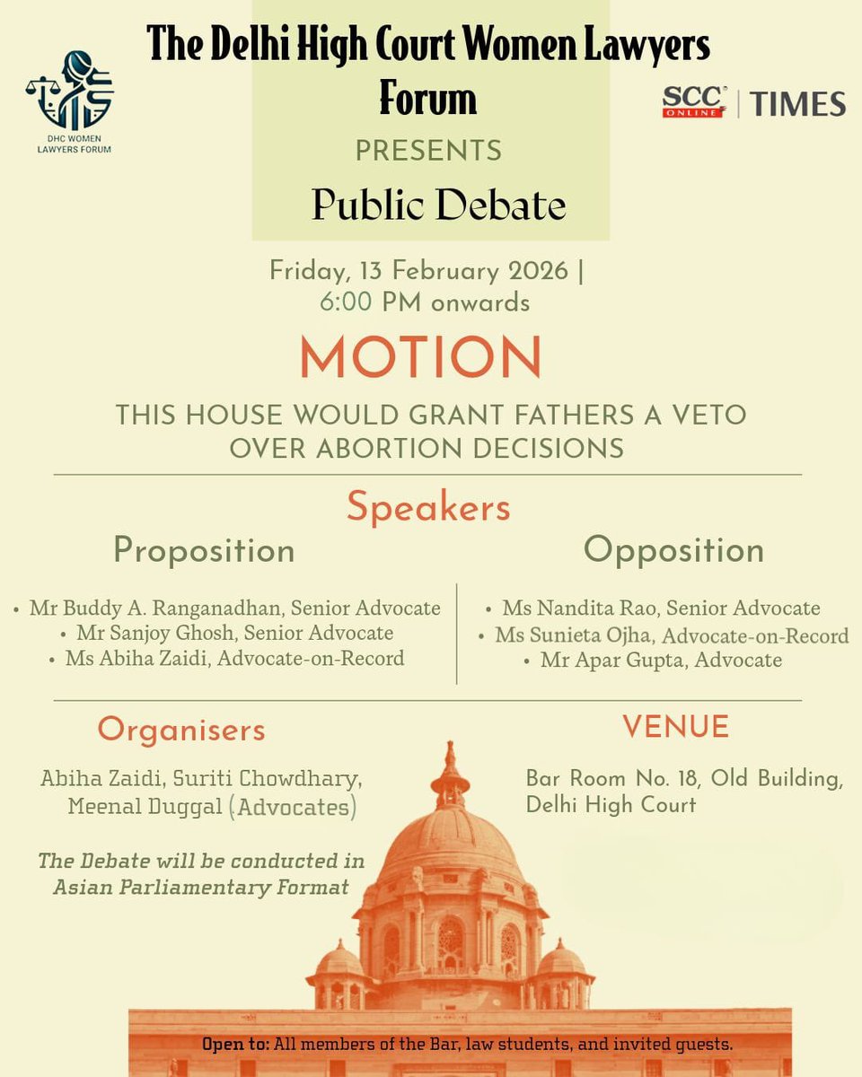 rishabbhsharma's tweet photo. Join us live at 6:00 PM for the debate presented by the DHCWLF at the Delhi High Court. The debate will address the motion: “This House would Grant Fathers a Veto over Abortion Decisions.” Do tune in.

https://t.co/weosyj2XYU

@AbihaZaidi9 @advsanjoy @apar1984 @SuritiC 

#debate https://t.co/J5i90xPS7K