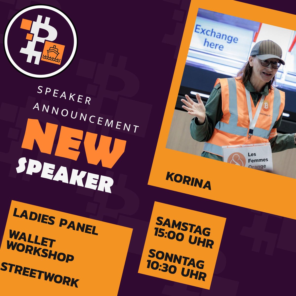 🎤SPEAKER ANNOUNCEMENT 🎤 
Korina zeigt euch, wie ihr eure erste Bitcoin Wallet einrichtet, sitzt im Ladies Panel und wird für ordentlich Guerilla Marketing sorgen. Willkommen an Bord <a href="/21Korina/">Korina 🧡🩷</a> ! 🧡 ⛴️