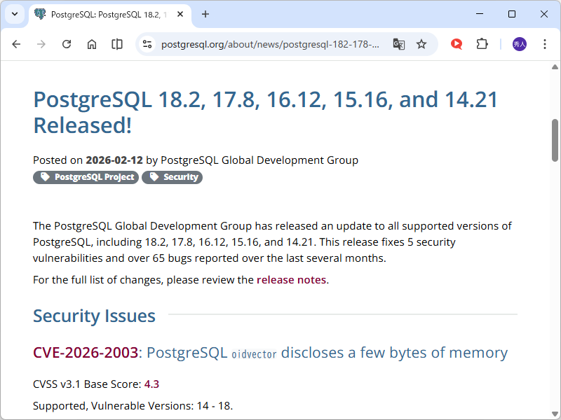 madonomori's tweet photo. 「PostgreSQL」にセキュリティアップデート ～任意コードの実行などの欠陥に対処／v14～v18が対象。CVSS 3.1による最大深刻度は8.8 https://t.co/TQQKU5DvHe https://t.co/Igytr4aFta