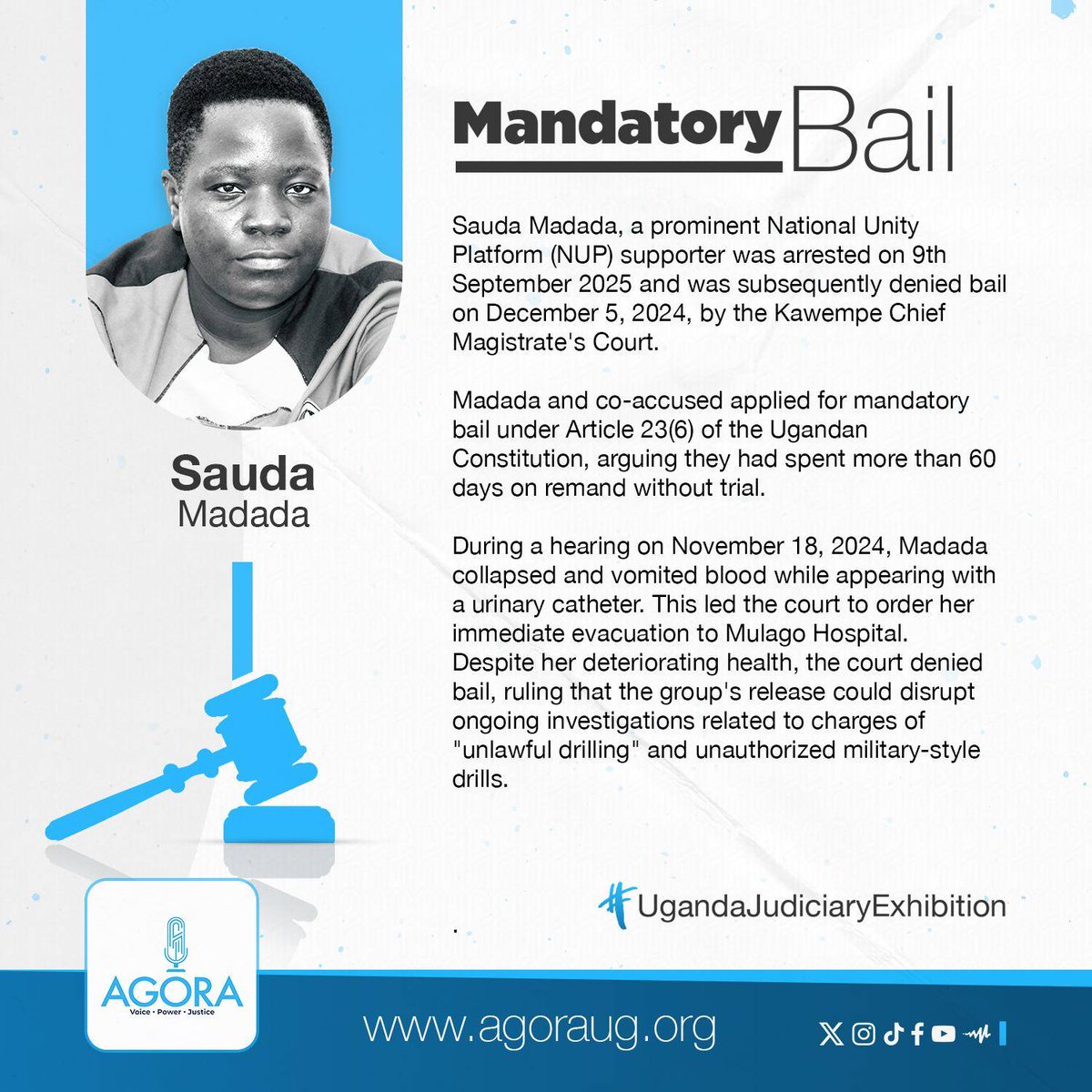 AgoraCFR's tweet image. Sauda Madada, another member of @NUP_Ug was denied bail even when she has spent over 60 days on remand which would entitle her to mandatory bail.

This was before the Kawempe Chief Magistrates Court. 

#UgandaJudiciaryExhibition