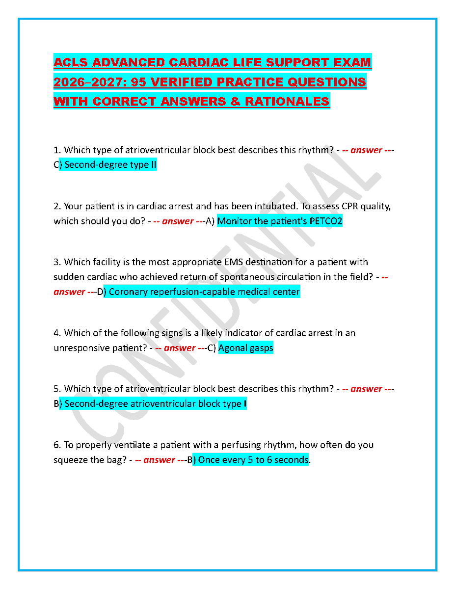 learnlounge01's tweet photo. Acls Advanced Cardiac Life Support Exam TEST BANK 2026 2027 95 Verified Questions Answers With RATIonales Based On Aha Guidelines
#ACLS #AdvancedCardiacLifeSupport #CardiacLifeSupport #Nursing #AClS2026 #testbankforacls #hackedexams 

https://t.co/JtwSca2B1h https://t.co/dg0NUc0ojE