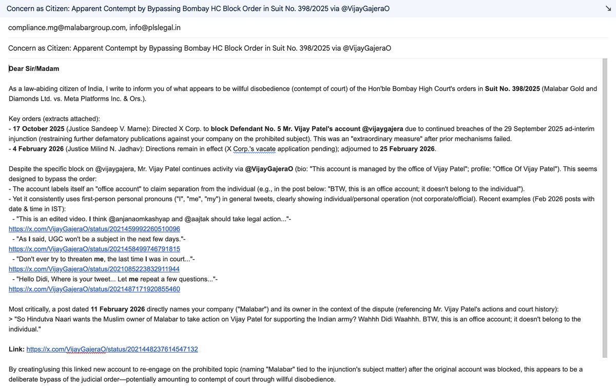 Hello <a href="/VijayGajeraO/">Office Of Vijay Patel</a> ,

I wrote an email to the Plaintiff in case S/398/2025 High Court of Jurdicature Bombay

For the violation of the Judicial order dated 29 September 2025 &amp; 17 October 2025

As a result of unnecessary making false allegations.
No need to play Army Emotions Card