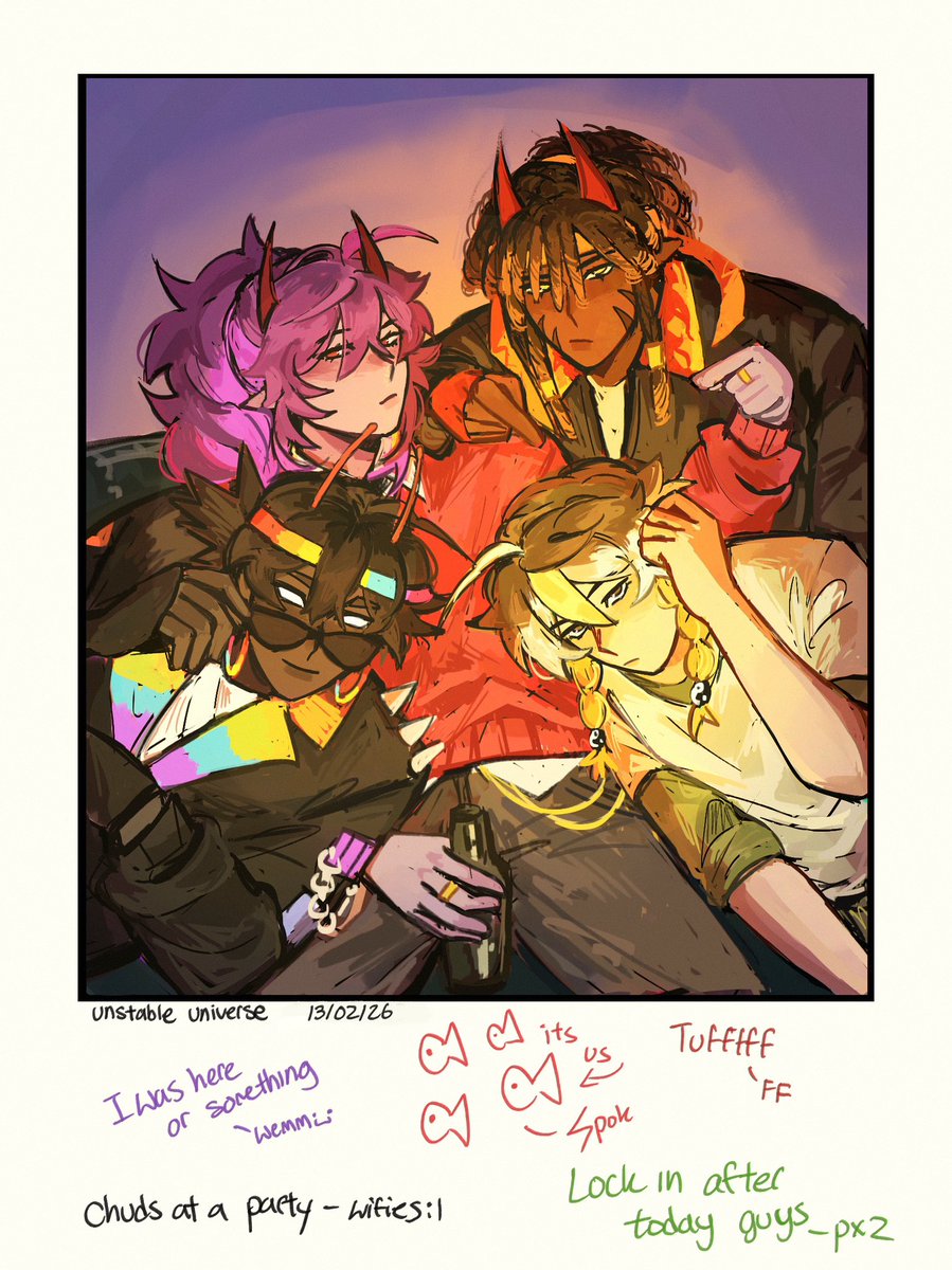 watermlem's tweet image. uu quartet we’re so back (more uu uni au) #unstableuniverse #spokeishere #parrotx2 #wemmbu #flamefrags