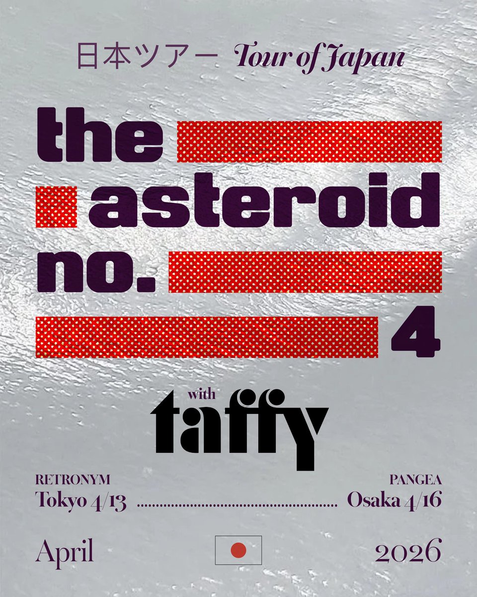 pnkniz's tweet image. 【The Asteroid No.4エクストラ公演】

英レーベルClub AC30所属の
The Asteroid No.4がレーベルメイト
taffyと共演
.
.
.
The Asteroid No.4 日本ツアー
with taffy

04.13 月 | 下北沢Retronym
04.16 木 | 大阪Pangea 

詳細は後日発表

@TheAsteroid4
@taffy8tw
@Pangea_osaka