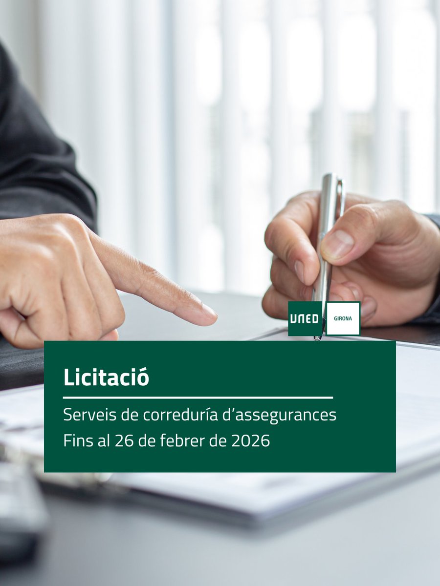 📢 Oberta licitació – Serveis de correduría d’assegurances
Obertura del procés de licitació per a la Contractació dels serveis de corredoria d'assegurances.

📅 Data límit de presentació d’ofertes: 26/02/2026 
🔗 Tota la informació: unedgirona.org/actualitat/ 

#unedgirona #somuned