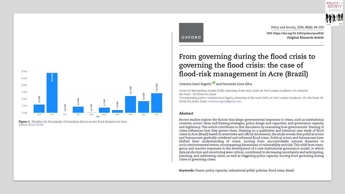 PolicySociety's tweet image. How do governments #frame and #govern #crises❓

Catarina Ianni Segatto &amp;amp; @LimaSilva_Fe analyze #flood crises in #Brazil, and study how governments change their #definition of crises and their approach to governing during crises👇

doi.org/10.1093/polsoc…