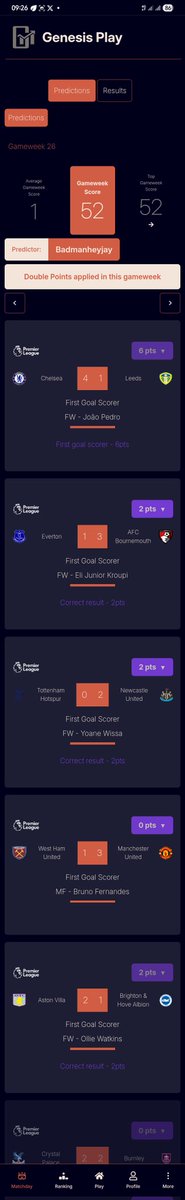 playGenesisPlay's tweet photo. Predictor of the week, gameweek 26 on Genesis Play 

@ABRAHAMAJAYI01 with 52 points

Badman 🔥

#Playgenesisplay #GenesisPlay #fpl #GW26 #GW27 https://t.co/ypDQrg8E5q