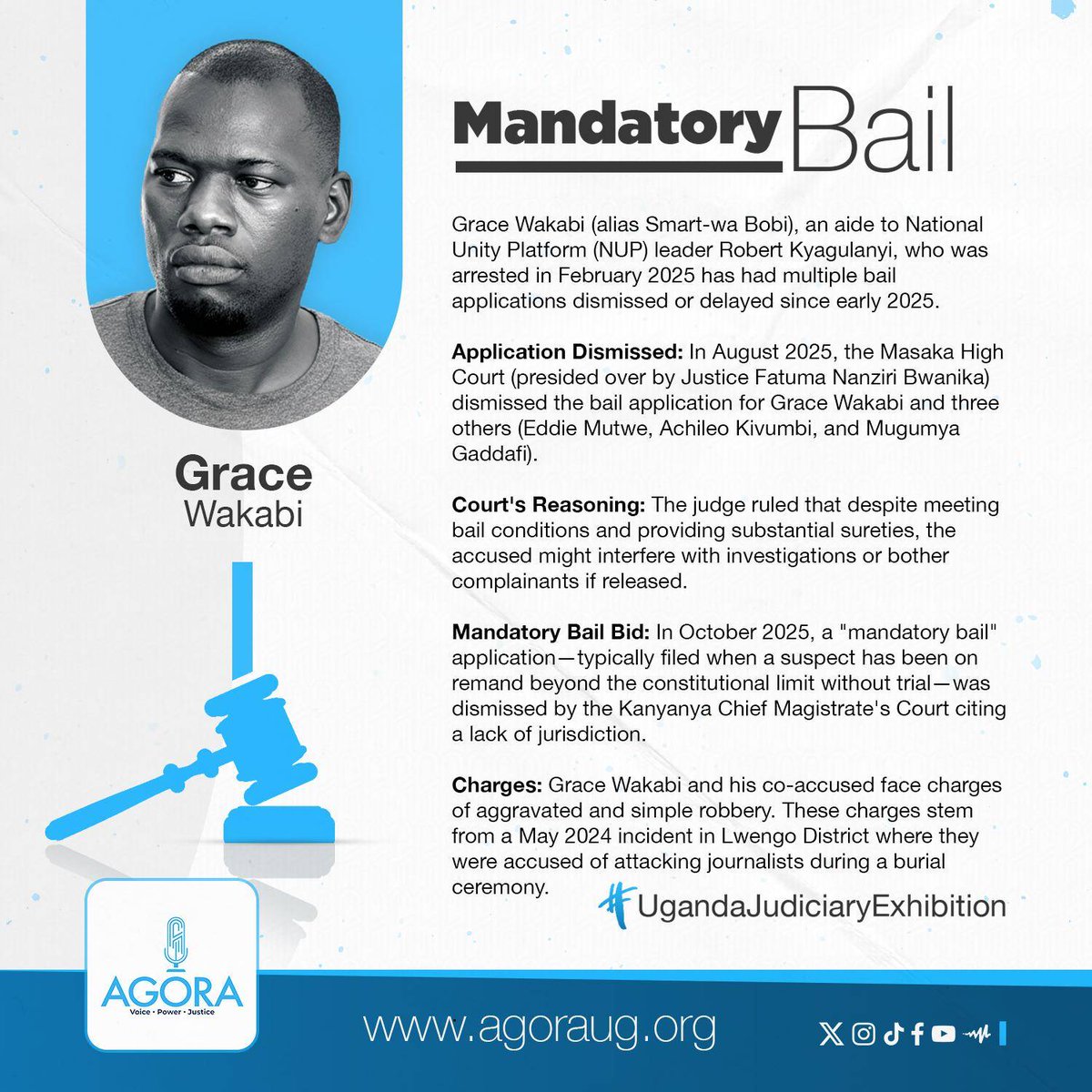AgoraCFR's tweet image. Grace Wakabi, an aide to @HEBobiwine was arrested in February 2025. He has been denied bail on several occasions. 

#UgandaJudiciaryExhibition