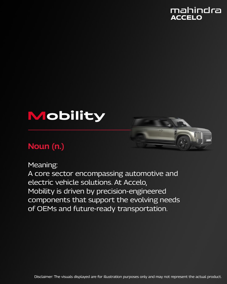 Discover the A-to-Z of Accelo! 
Each word reflects our commitment to precision, progress, and performance.

M is for Mobility — enabling automotive and EV ecosystems through trusted, high-end component solutions.

#AcceloAtoZ #MahindraAccelo #Mobility #Automotive #EV