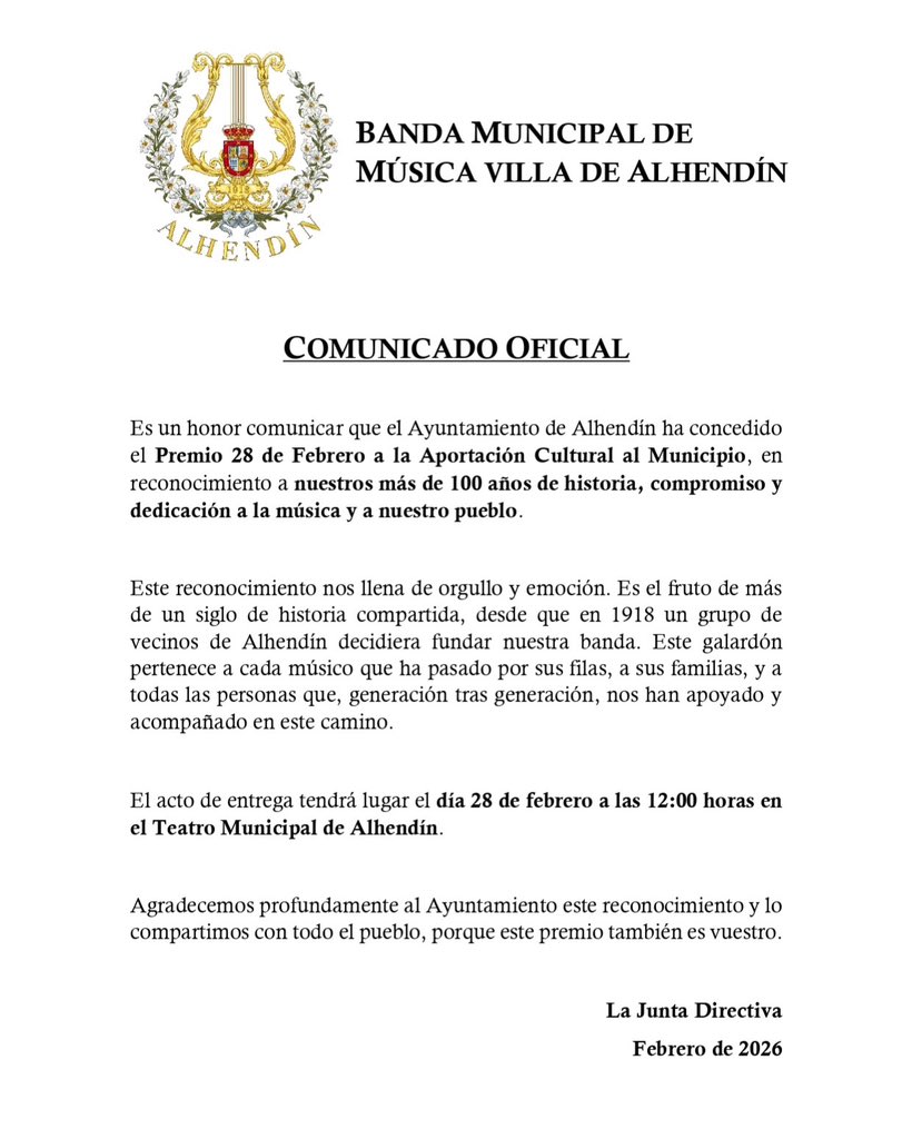 📣COMUNICADO OFICIAL

El <a href="/Ayto_Alhendin/">AyuntamientoAlhendín</a> nos hará entrega del Premio 28 de Febrero a la Aportación  Cultural al Municipio.

Agradecemos profundamente este reconocimiento a más de 100 años al servicio de nuestro pueblo.

#SuenaAlhendín