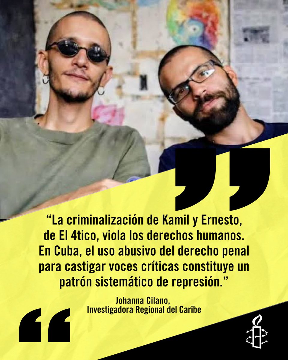 PIDEN 9 AÑOS DE PRISIÓN PARA ELLOS.
POR OPINAR.
Estos son los creadores de contenido cubanos Ernesto Ricardo Medina y Kamil Zayas Pérez, conocidos por el proyecto digital “#El4tico”, 

Están en prisión provisional.

La Fiscalía Provincial de Holguín les investiga por los delitos