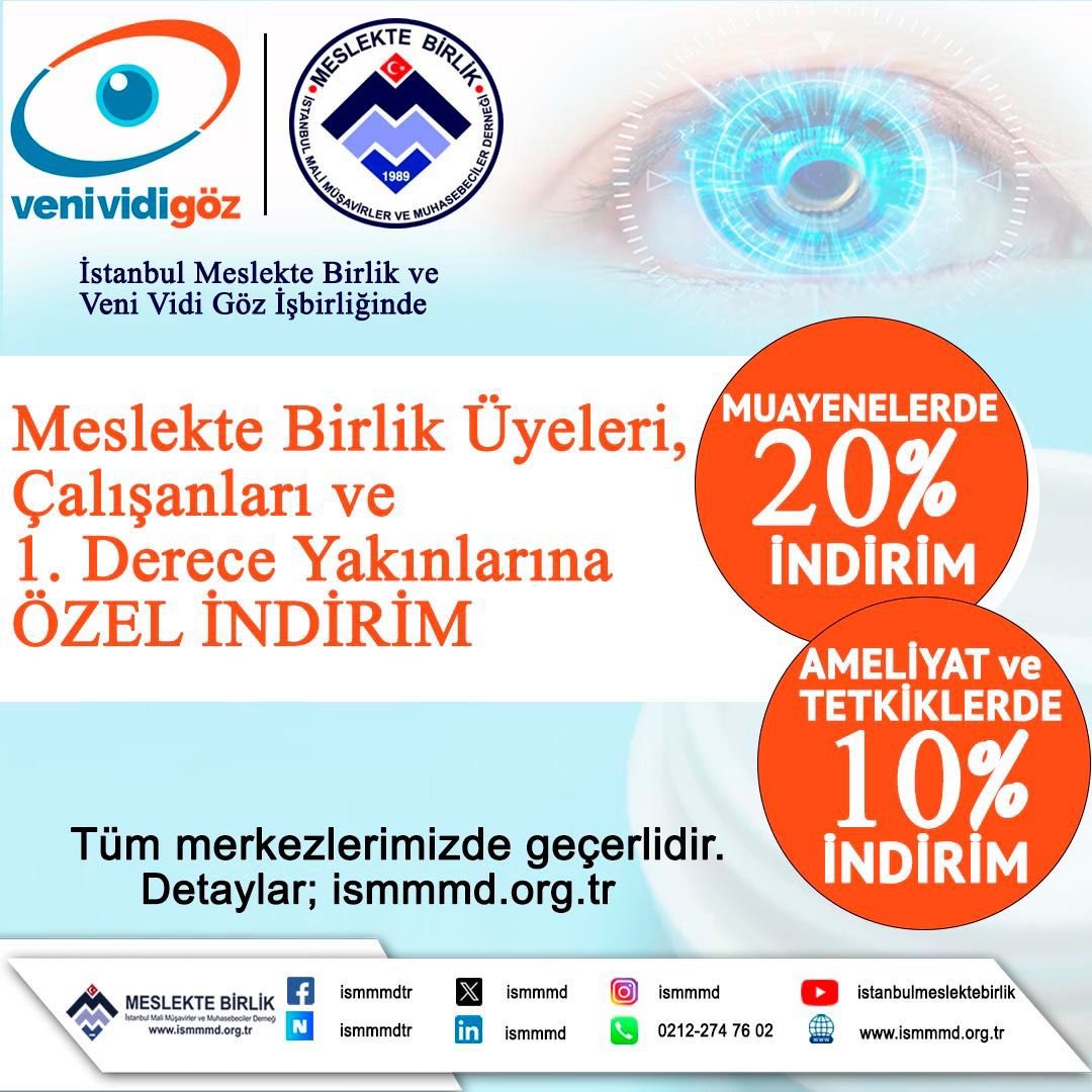 İstanbul MB olarak üyelerimize yönelik ayrıcalıklarımıza bir yenisini daha ekledik.
Göz sağlığı alanında Türkiye’nin önde gelen isimlerinden  Veni Vidi Göz ile protokol imzaladık. 
İndirim tüm merkezlerde geçerlidir.
📌 Ayrıntılı bilgi ve detaylar için;
ismmmd.org.tr