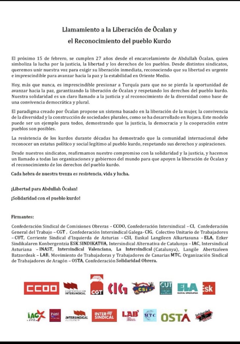 Trade unions in the Spanish State call for release of Öcalan and recognition of Kurdish people
#DefendRojava #Rojava #FreedomForOcalan 

english.anf-news.com/news/trade-uni…