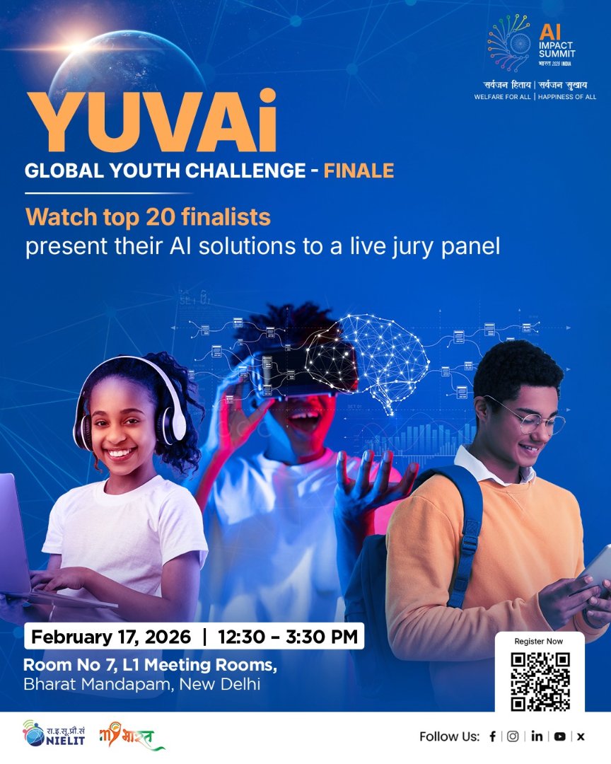 The future of AI isn’t being imagined. It’s being built, by the youth!

YUVAi: Global Youth Challenge, brings you the Finale, where Top 20 finalists will take the stage to present their AI innovations before an expert jury — ideas designed to solve real-world problems and create