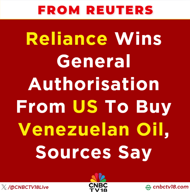 CNBCTV18Live's tweet photo. #FromReuters | #Reliance wins general authorisation from US to buy Venezuelan Oil, sources say https://t.co/GB4Ck2CBw9