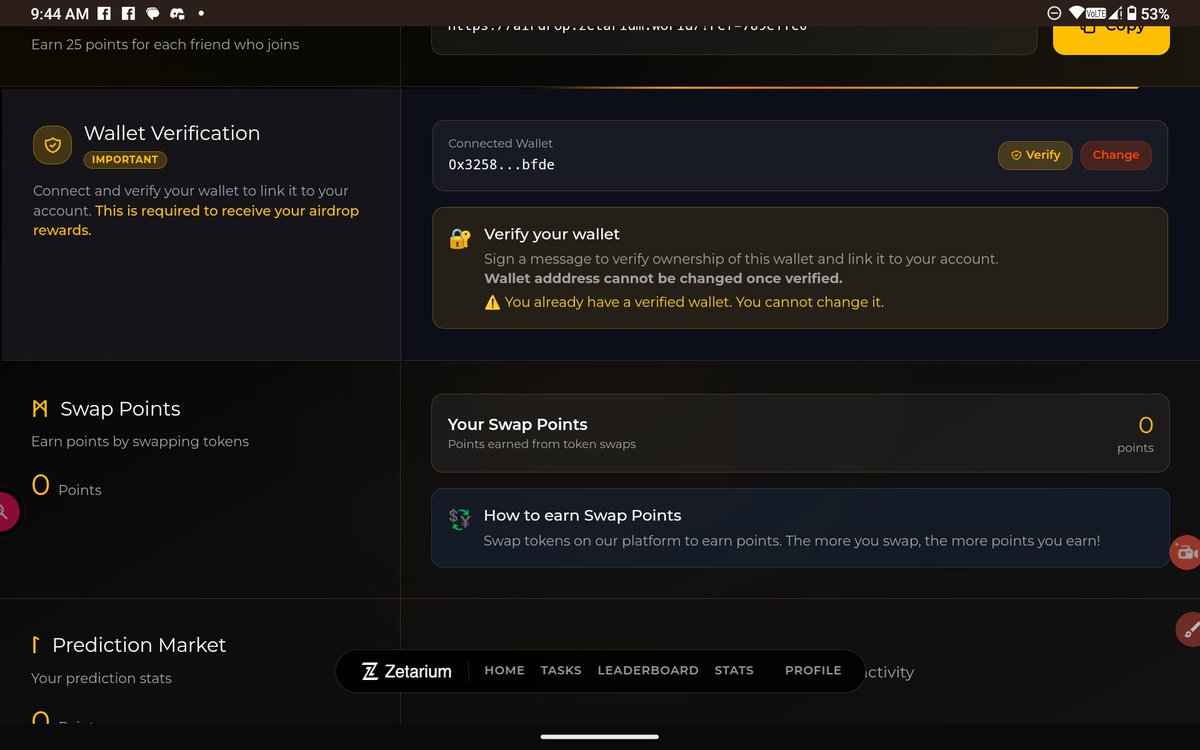If you are farming <a href="/Zetarium_/">Zetarium</a>  Connect and verify your wallet to link it to your account. This is required to receive your airdrop rewards.

Please like and retweet. 

3 days left.