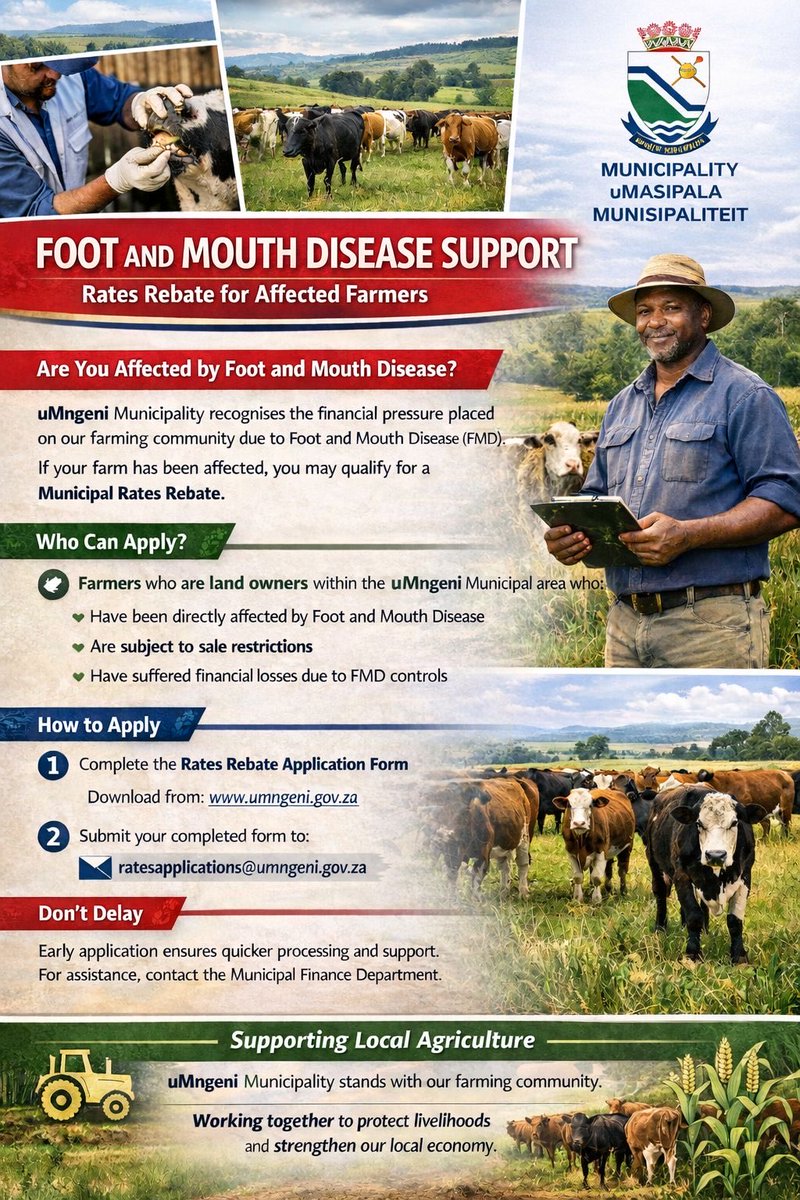 UmngeniLocal's tweet image. Relief for uMngeni Farmers: Rates Rebate Approved 🚜🇿🇦
In response to the National State of Disaster regarding Foot and Mouth Disease, the uMngeni is providing financial relief to affected farmers within our municipal area.

#MakingProgressTogether