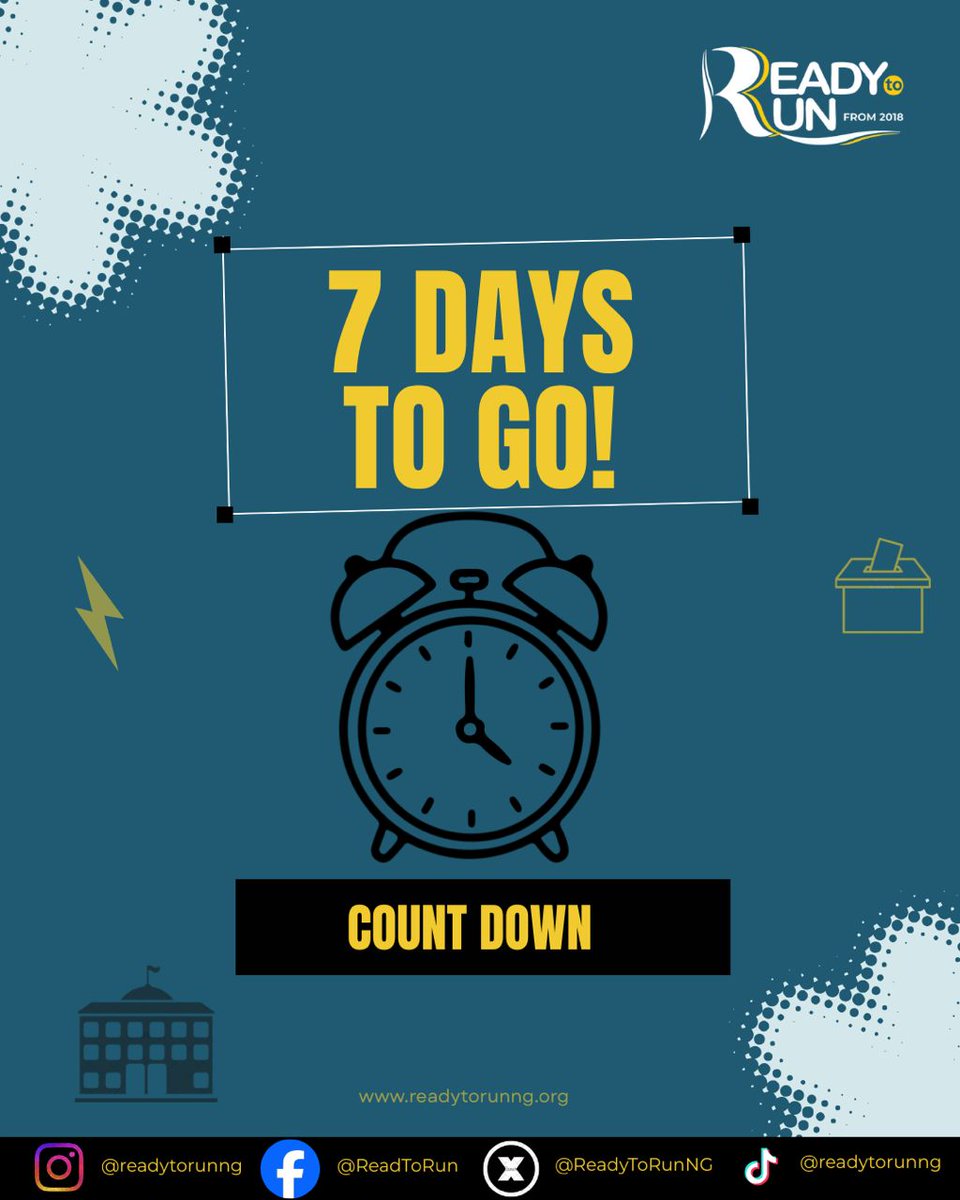 ReadyToRunNG's tweet photo. ⏰ 7 days to go.

If you had one chance to lead, would you take it?

Drop a 🔥 if you’re ready.
Tag someone who should see this.
#ReadyToRun #GenZNigeria #FutureLeaders

@DCynthiaM  @YIAGA  @DSamsonItodo  @Inalegwushai  @JimmyOlowu3 @CryptoDivanaija https://t.co/PADgwGhpFU