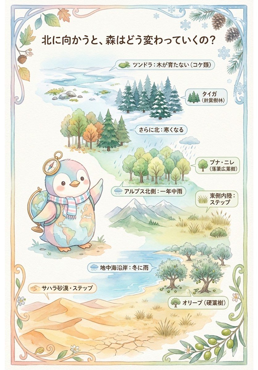 geographybu's tweet photo. ファンタジー小説を書く人や、TRPGのシナリオを作る人、あるいはマイクラでリアルな地形にこだわりたい人にとって、この二枚は「神資料」になるはずです。

物語の舞台設定を考えるとき、「とりあえず山」「なんとなく森」にしてしまいがちですが、この図を横に置いておくだけでリアリティが段違いになります。

たとえば冒険者が山を登っていくシーン。
ふもとはジメジメした熱帯雨林でも、中腹に行けば霧の多い雲霧林になってコケが増えたりする。さらに登れば高い木がなくなって、視界が開けた高山草原に出る。この「植生のグラデーション」を描写に入れるだけ��、その世界が本当に存在しているような説得力が生まれます。

二枚目の北への移動も重要です。
南の乾いた土地から、オリーブが育つ地中海エリアを��けて、雨の多いアルプス側へ。さらに寒くなると針葉樹林（タイガ）が広がり、最後は木が生えないツンドラへ。

主人公たちが旅をするとき、植生や天候をどう変化させればいいか。その「正解」がここに描いてあります。背景作画の資料としても優秀すぎるので、創作クラスタはこれ画像を保存しておくと絶対に幸せになれます。