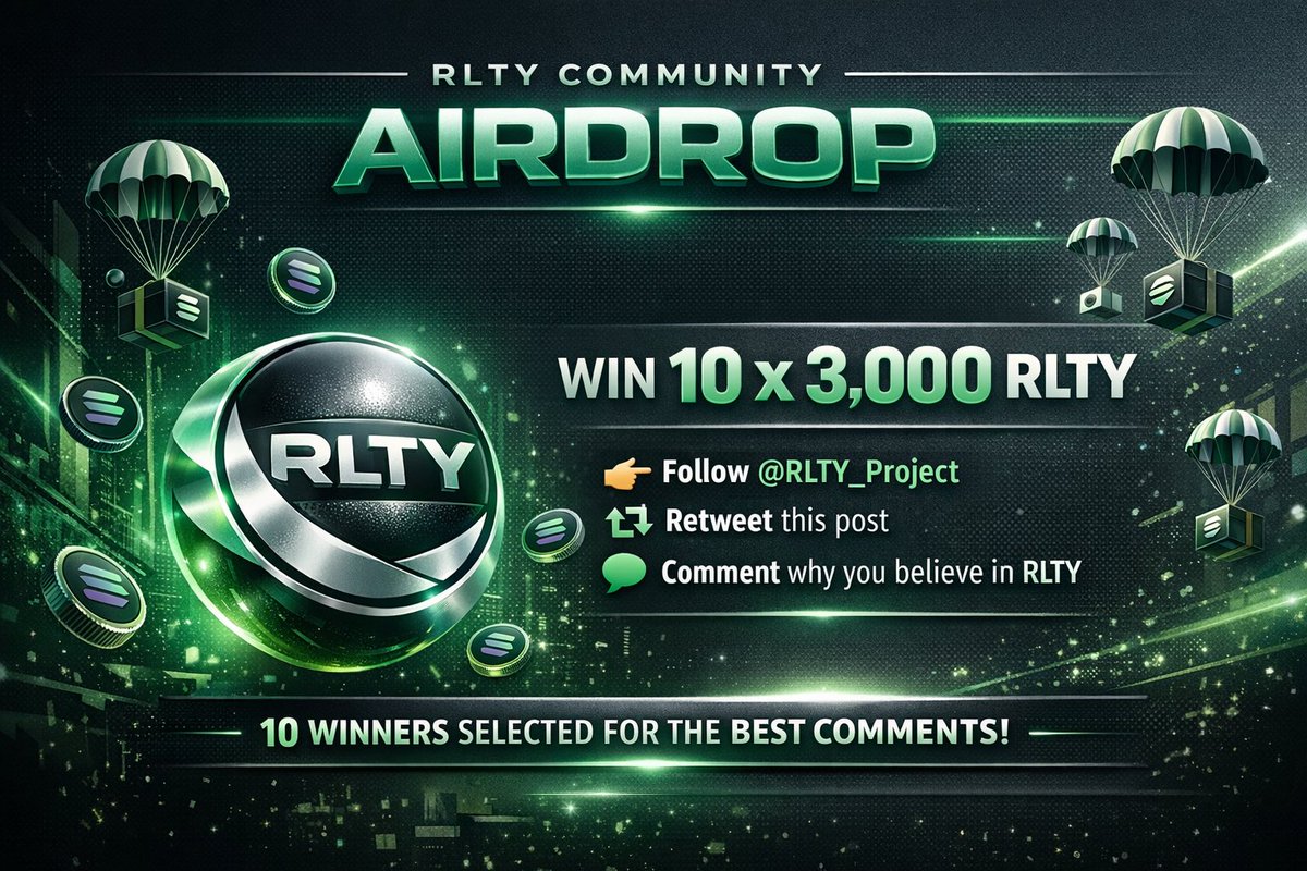 🚀 RLTY Community Airdrop
Win 3,000 RLTY (10 winners)
To enter:
✔ Follow @RLTY_Project
✔ Retweet this post
✔ Comment why you believe in RLTY
Winners selected based on quality.
Wallet via DM only.
Results in 72h.
NO BOTS. REAL SUPPORTERS ONLY. 🔥