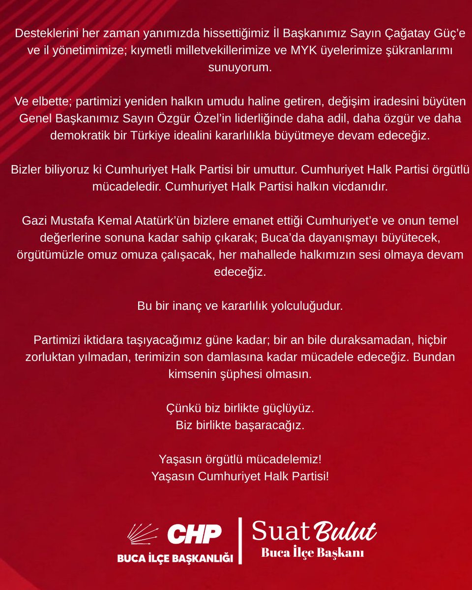 KIYMETLİ BUCALI HEMŞEHRİLERİM, DEĞERLİ YOL VE DAVA ARKADAŞLARIM;