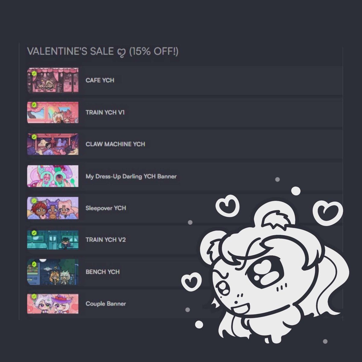 24 HOURS VALENTINE'S PROMO SALE! [15% OFF] to all singles, gals, and couples ٩(ˊᗜˋ*)و ♡

ꨄ︎ limited to 2 slots each! 
ꨄ︎ will be closing the services if full slot! 
ꨄ︎ new banners not included in the sale! 

get urs now! ↻  +  ♡︎ very much appreciated :3