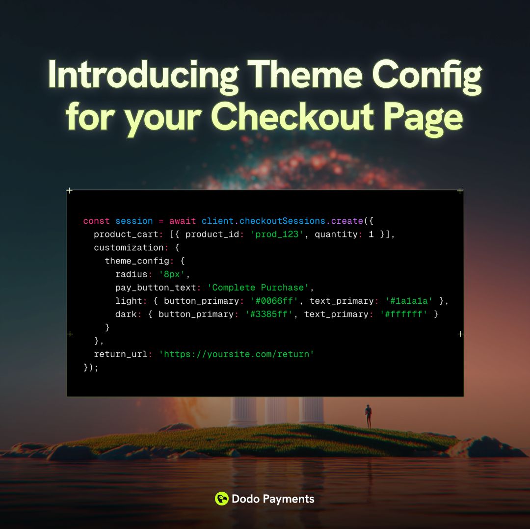 Checkout should not feel like a foreign page.

We added full checkout theme customization to <a href="/dodopayments/">Dodo Payments</a> so your payment flow looks and feels like your product. Fonts, colors, border radius, button text, light and dark modes are all configurable via theme_config.

This is not