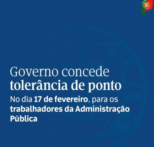 Embassy_PT's tweet photo. Tolerância de ponto
O Governo português decretou tolerância de ponto para instituições e trabalhadores da Administração Pública no dia 17 de fevereiro de 2026, por ocasião do Carnaval.
Em observância dessa decisão, a Embaixada de Portugal em Kyiv estará encerrada nesse dia. https://t.co/BjokkOUq9N