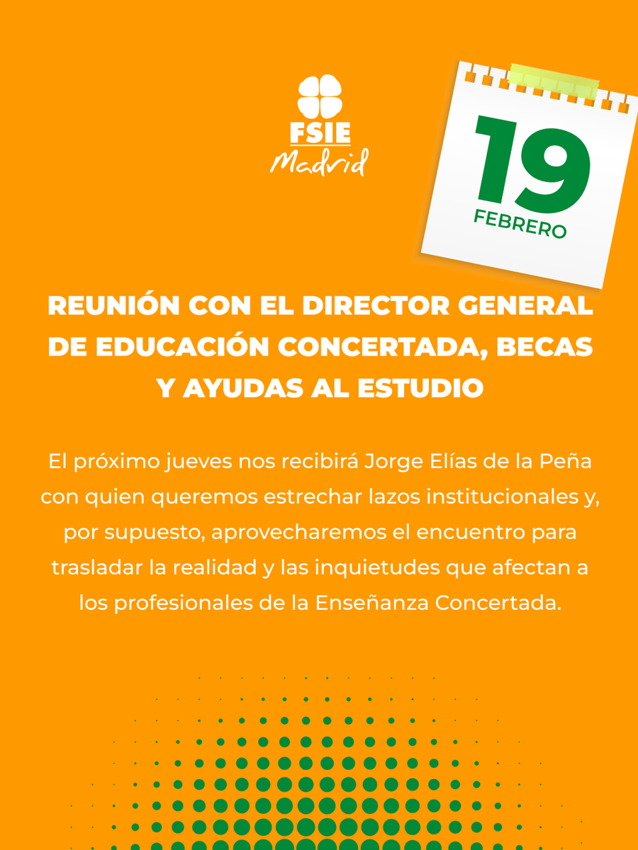 📌 El jueves 19 de febrero, el Director General de Educación Concertada, Becas y Ayudas al Estudio, <a href="/jorgedlpalcala/">Jorge E. de la Peña</a>, recibirá a nuestro Secretario General, @chemamfsie, y a nuestra Presidenta, @olgafsie.

Una primera toma de contacto clave para esta nueva etapa de #FSIEMadrid 👇🏼