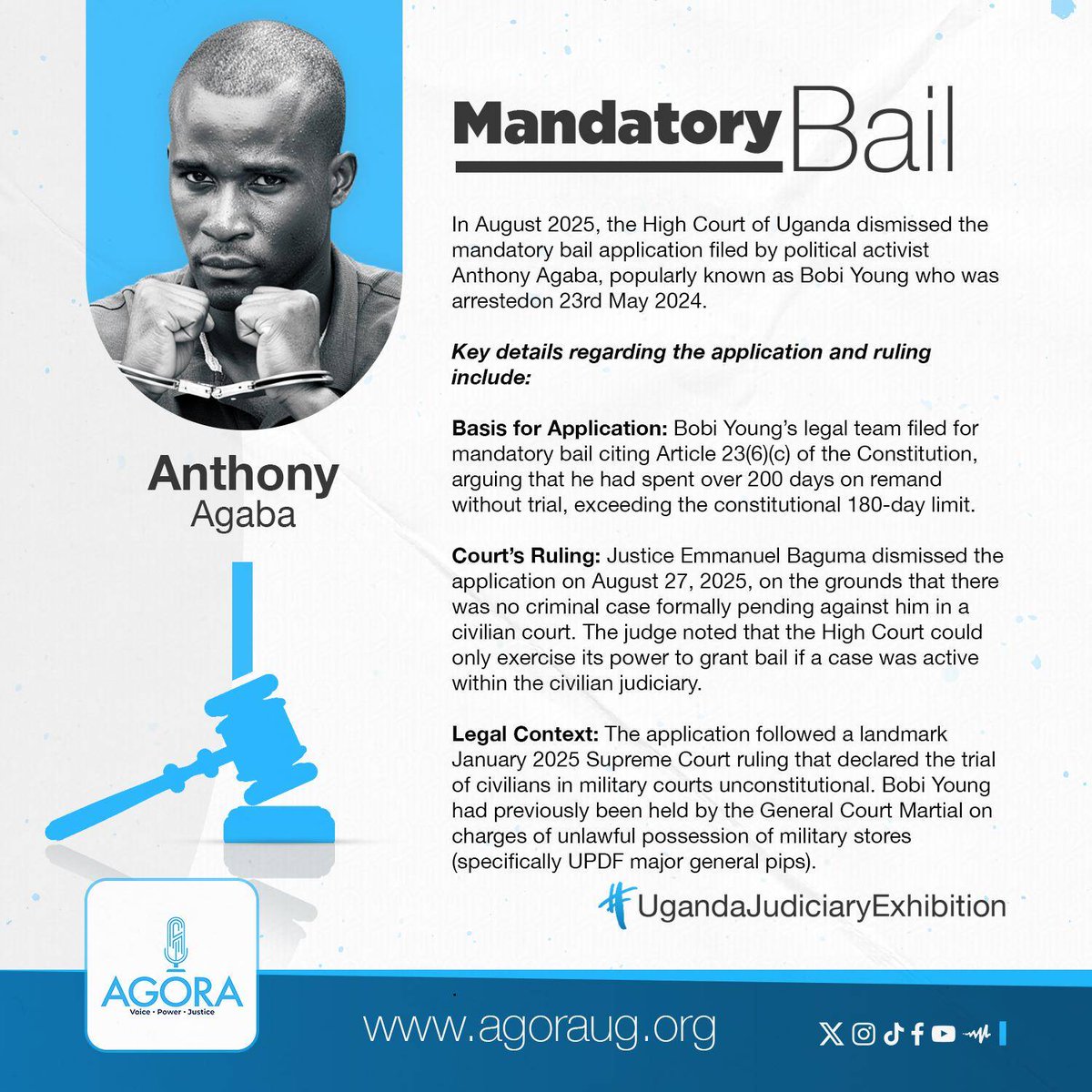 Bobi Young who has been on remand without trial since 2024, qualifies to be released on mandatory bail.

Detention without trial is an abuse of human rights. 
#UgandaJudiciaryExhibition