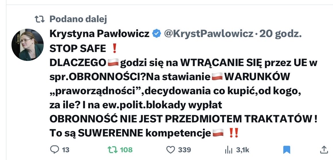 ‼️‼️STOP  SAFE‼️‼️
Obronność to WYŁĄCZNA KOMPETENCJA SUWERENNEGO PAŃSTWA Członkowskiego>POLSKI.
Traktaty NIE obejmują takich obszarów!
Panie Prezydencie ! <a href="/prezydentpl/">Kancelaria Prezydenta RP</a> <a href="/NawrockiKn/">Karol Nawrocki</a> 
Nie oddawajmy Niemcom swych obronnych kompetencji❗️
Poza tym,SAFE=KPO-bis ‼️