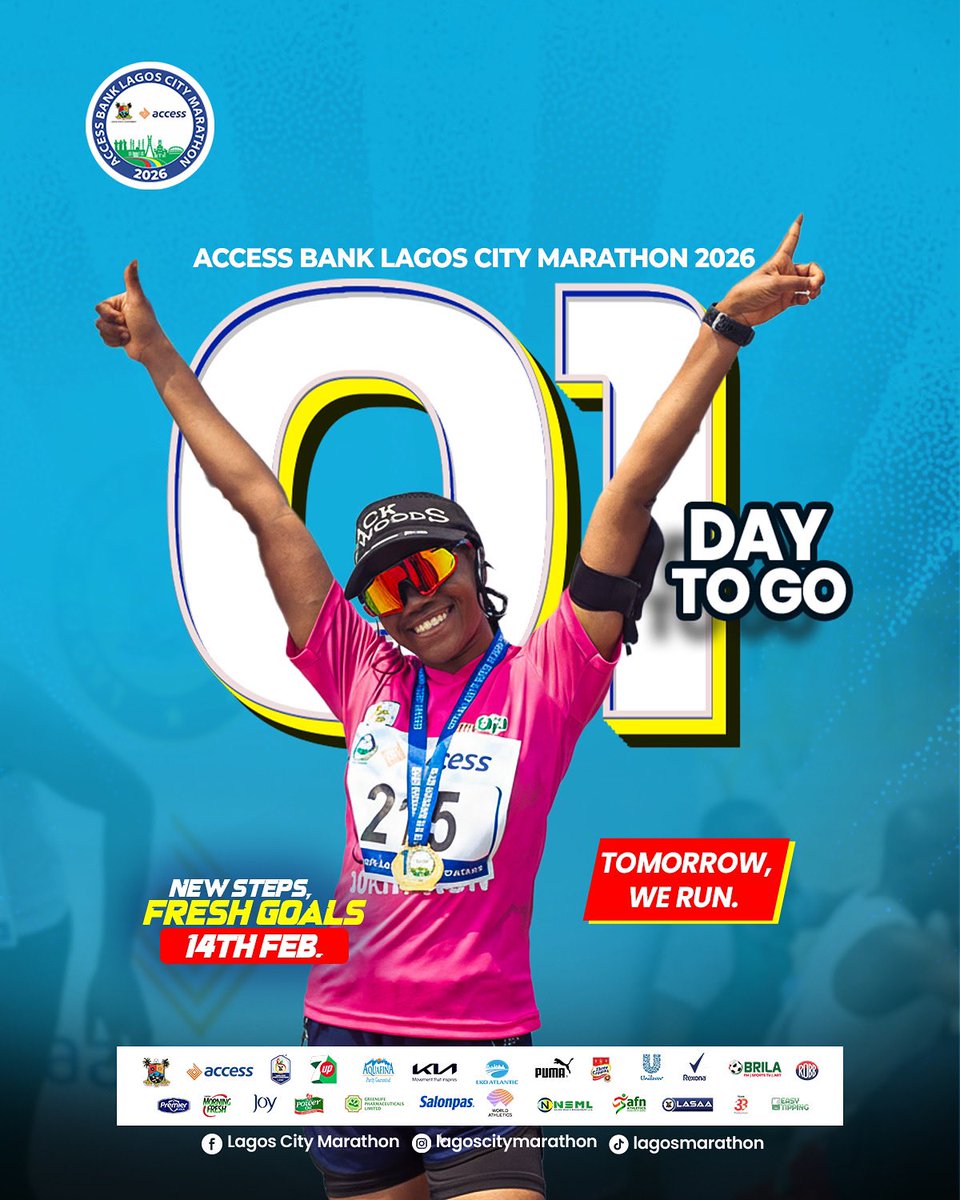 lagosmarathon's tweet image. ❤️ 1 Day to Go
Tomorrow, love hits the road. See you at the start line for the Access Bank Lagos City Marathon.

#LagosCityMarathon #RunLagos #LCM #NewGoalsFreshStart #LagosRuns #LagosMarathon