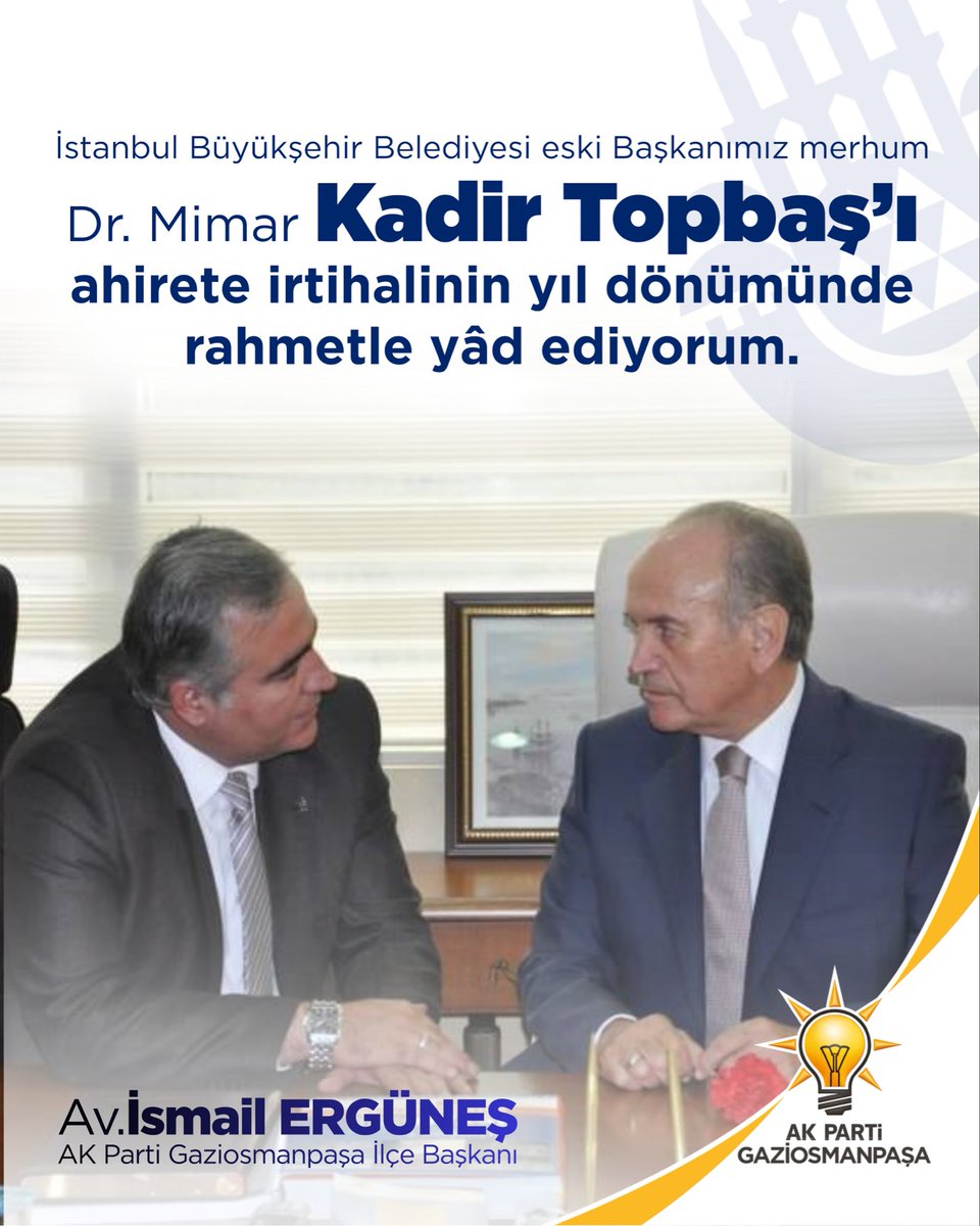 İstanbul’un Kadir Abisi, İstanbul Büyükşehir Belediyesi eski Başkanımız merhum Dr. Mimar Kadir Topbaş’ı ahirete irtihalinin yıl dönümünde rahmetle yâd ediyoruz.

İstanbul'a kazandırdığı eserler, bıraktığı iz ve gönüllerdeki müstesna yeri daima hatırlanacak.

Mekânı cennet olsun.