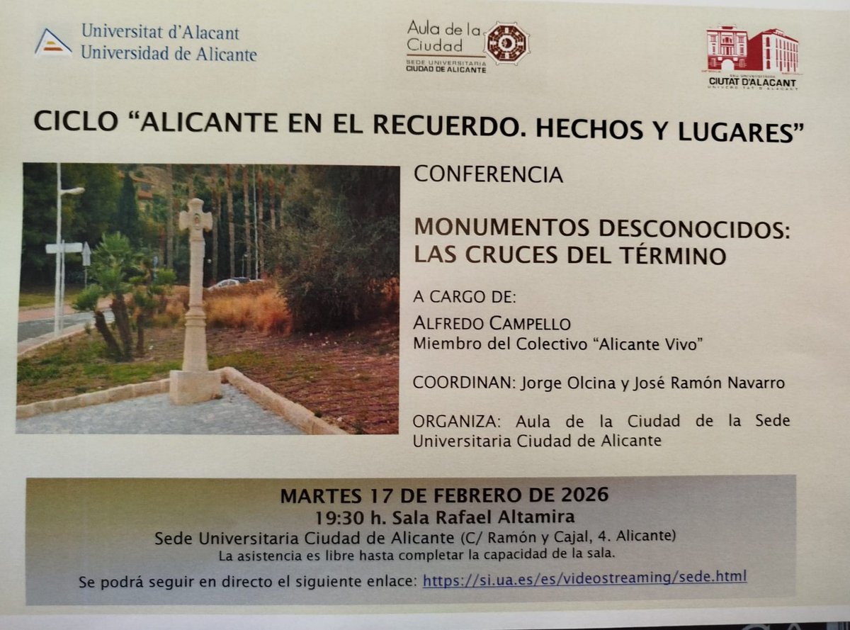 El martes 17 os hablaré de las Cruces de Término de Alicante, pero también de otras cruces que hay en la ciudad. ¿Sabéis dónde está la Cruz del Siglo? Si queréis conocer su historia, nos vemos en la <a href="/SedeAlicante_UA/">Seu Universitària Ciutat d'Alacant</a> del Parque de Canalejas a las 19.30h